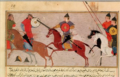 Ms Pers.113 f.29 Genghis Khan (c.1162-1227) Lutando contra os tártaros, de um livro de Rashid-al-Din (1247-1318) (guache) de Persian School