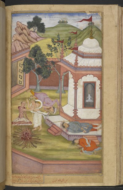 Or.12076 f.90v Candrahasa sacrificando-se no templo de Candika cortando pedaços de sua própria carne e colocando-os no fogo (Qabil ibn Maqbul) do 
