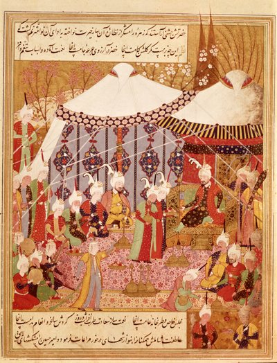 Or.1359 fol. 35 v. Sultan Bayazid Capturado por Timur, 1402 do Zafarnama 1533 (tinta em velino) de Persian School