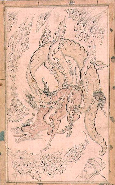 PD.154-1948 Kylin sendo devorado por um dragão, pintado possivelmente por Inayat Allah (tinta com lavagem) de Persian School