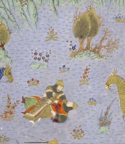 Persa 239 fol.67b Detalhe: Suhr&39;b morto por Rustam, ilustração do Shahnama (Livro dos Reis), por Abul-Qasim Mansur Firdawsi (c.934-c.1020), 1444 de Persian School