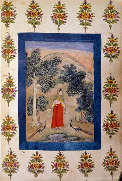 Arte Persa: senhora com dois colares de flores que ela apresenta tem dois pavões. Miniatura Persa de Persian School