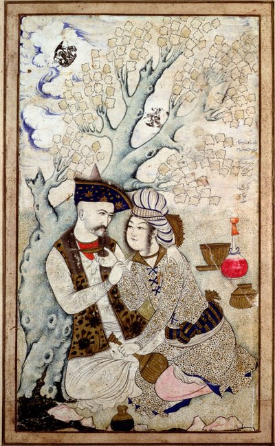Retrato do Xá Abbas I com um dos seus pajens, assinado Muhammad Qasim de Persian School