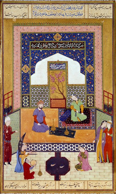 Princesa Shirin (Chirin) recebe Farhad em seu castelo persa em miniatura ilustrando um episódio de "Khamsa" de Nizami (cinco poemas) (1141-1209) Século XVI Paris musee du Louvre de Persian School
