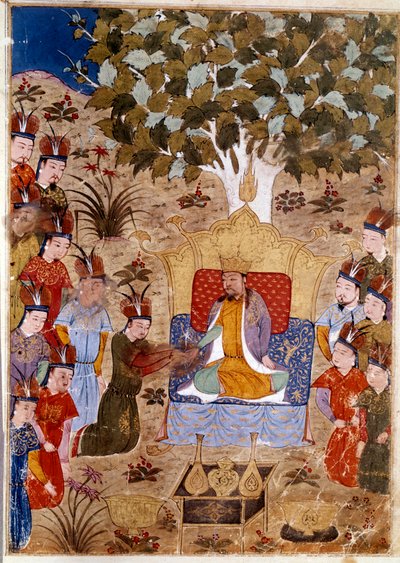 Representação de Chaghtai Khan (1227-1242) em seu trono, ele é o filho de Genghis Khan a cavalo. Miniatura persa tirada de Jami al-Tawarikh" (Jami al tawarikh) ou "História Universal" pelo historiador Rashid al-din (al din) (1247-1318) Por volta de 1430. de Persian School
