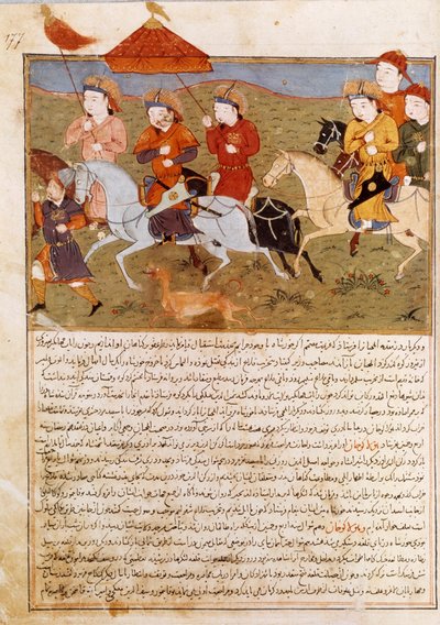 Representação de Houlagou Khan, neto de Genghis Khan montando. Miniatura persa tirada de Jami al-Tawarikh" (Jami al tawarikh) ou "História Universal" pelo historiador Rashid al-din (al din) (1247-1318) Por volta de 1430. Paris, B.N. de Persian School