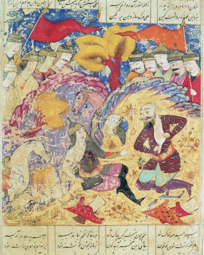 A Origem do Xadrez: Batalha Entre Gaw e Talhand, ilustração do Shahnama  (Livro dos Reis), de Abul-Qasim Manur Firdawsi (c.934-c.1020) c.1440-45  (caneta, tinta e wc em pergaminho)