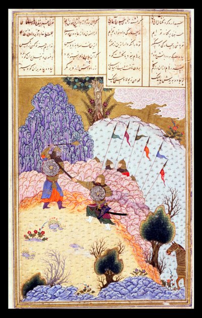 Ruhham Atacando o Feiticeiro Turaniano, ilustração do Shahnama (Livro dos Reis), de Abul-Qasim Manur Firdawsi (c.934-c.1020) c.1440-45 (caneta, tinta & wc em pergaminho) de Persian School