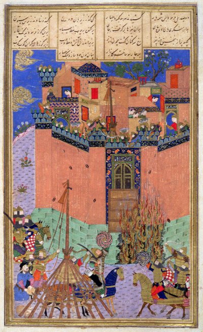 Direção Rustam O cerco de Gang Bihisht, ilustração do Shahnama (Livro dos Reis), por Abul-Qasim Manur Firdawsi (c.934-c.1020) c.1440-45 (caneta, tinta e wc em velino) de Persian School