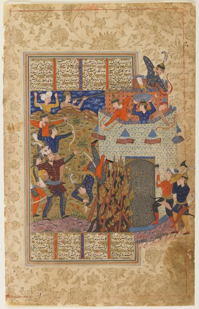 Rustam e seus homens atacam a fortaleza de Gang Dizh de um Shahnama de Persian School