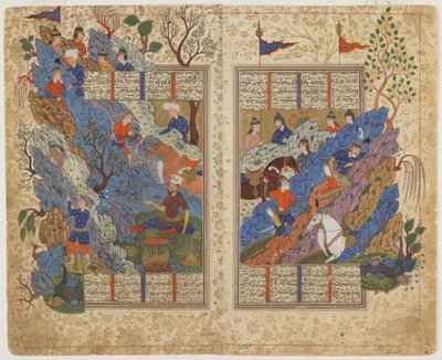 Rustam chuta para trás a pedra rolada por Bahman a partir de um Shahnama (Livro dos reis), c.1590-1600 (tinta, aquarela opaca e ouro sobre papel) de Persian School