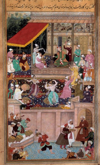 Cena de danças, música, entretenimento na corte de um sultão. Miniatura persa de Persian School