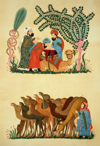 Cenas tiradas de um manuscrito do Maqamat de Al-Hariri, gravado por Lestel, publicado pela Lemercier, Paris de Persian School