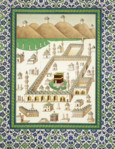 Visão esquemática de Meca, mostrando o Quabah, de um livro sobre cerâmica persa (impressão) de Persian School