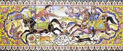 Segunda cartela de um longo painel de telhas cuerda seca, representando cenas de caça e batalha, século XIX de Persian School