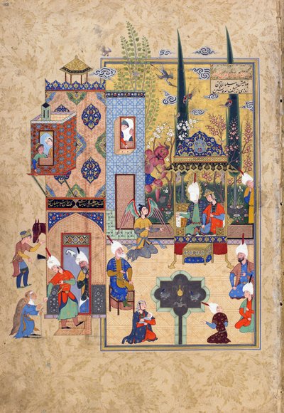 Salomão e Bilqis sentam-se juntos e conversam francamente, folio de um Haft awrang (Sete tronos) por Jami (d.1492), provavelmente Mashhad, Khurasan, Irã, dinastia Safávida, 1556-1565 (tinta, aquarela opaca e de Persian School