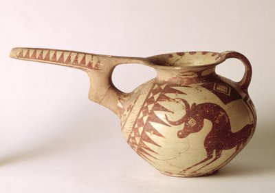 Embarcação de jorro com padrões decorativos simbolizando o sol e a lua, de Sialk, Irã, 1º milênio aC (argila) de Persian School