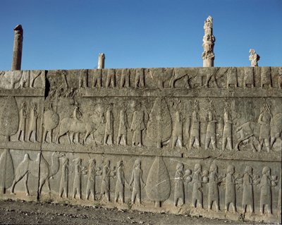 Os povos submissos oferecem presentes a Dario I. Relevos da escadaria oriental dos Apadanos, século VI a.C. de Persian School