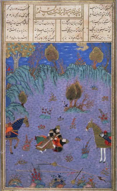 Suhrab morto por seu pai Rustam, ilustração do Shahnama (Livro dos Reis), por Abul-Qasim Manur Firdawsi (c.934-c.1020) c.1440-45 (caneta, tinta e wc em pergaminho) de Persian School