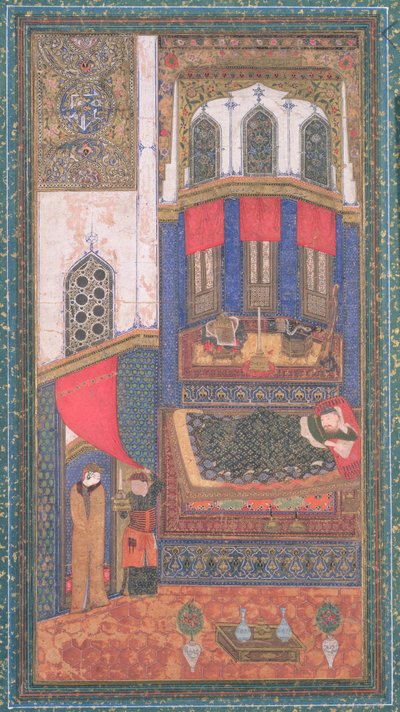 Tahmina Entra na Câmara de Rustam, ilustração do Shahnama (Livro dos Reis), de Abul-Qasim Manur Firdawsi (c.934-c.1020), de Herat, Afeganistão, c.1410 (wc opaco e ouro sobre papel) de Persian School