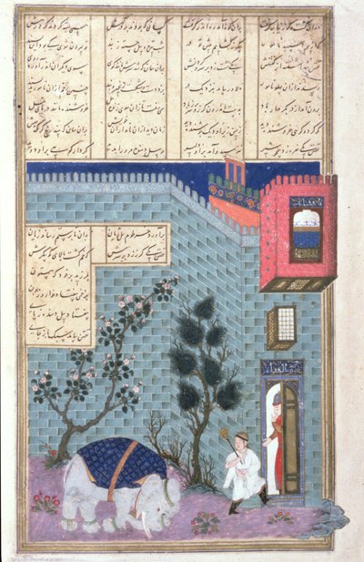 A Criança Rustam Mata o Elefante Louco, ilustração do Shahnama (Livro dos Reis), de Abul-Qasim Manur Firdawsi (c.934-c.1020) c.1440-45 (caneta, tinta & wc em pergaminho) de Persian School