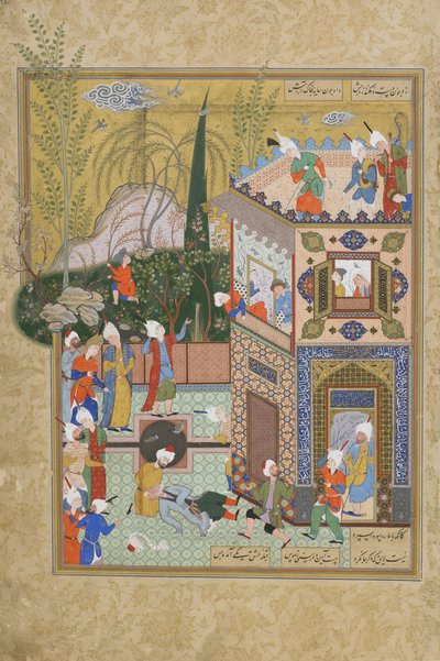 A velha amante inconstante é derrubada do telhado, folio de uma Haft awrang (Sete tronos) por Jami (d.1492) provavelmente Mashhad, Khurasan, Irã, dinastia Safávida, 1556-1565 (tinta, aquarela opaca e ouro de Persian School