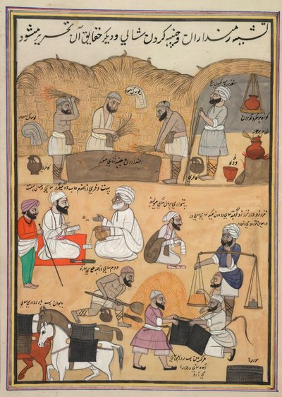 Debulhando arroz, pesando-o e embalando-o em alforjes de Persian School