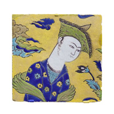 Azulejo com jovens no jardim, Isfahan, Irão, período safávida de Persian School