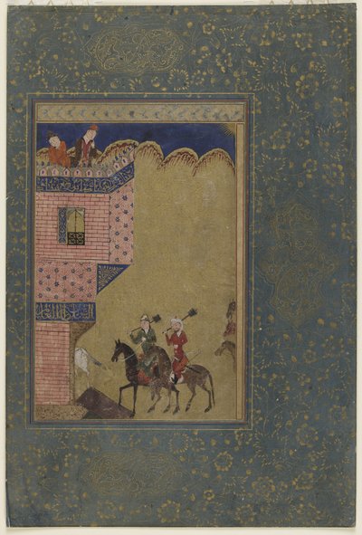 Dois cavaleiros carregando maças se aproximando de um castelo, c.1417-18 de Persian School