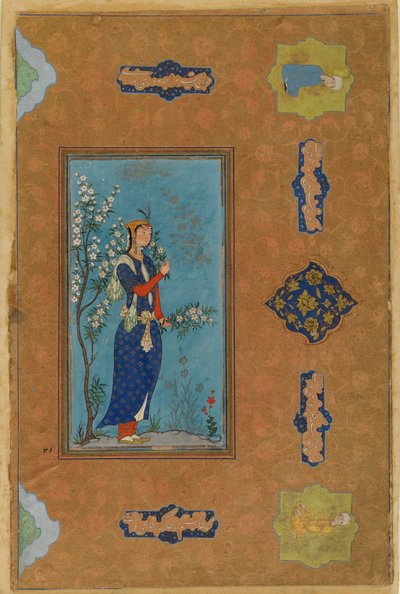 Mulher com um spray de flores, período Safávida, c.1575 (wc e ouro sobre papel) de Persian School