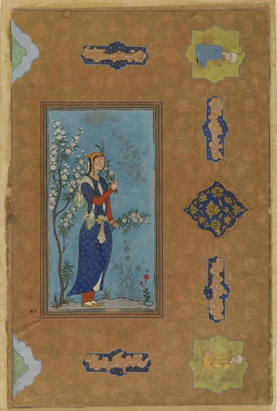 Mulher com um spray de flores, c.1575 (aquarela opaca e ouro sobre papel) de Persian School