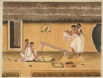 Mulheres a descascar o arroz com um dhenki, c.1840 (aguarela sobre papel) de Persian School