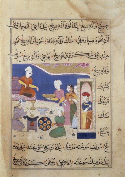 f.83v Preparação de doces para o Sultão de Mandu, a partir de um manuscrito sobre a cozinha indiana (vellum) de Persian School