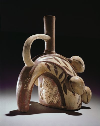 Vaso de cerâmica de um sapo subindo uma árvore de cacau, Mochica (barro) de Peruvian School