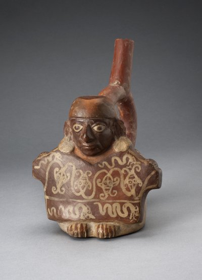 Embarcação de bico de estribo representando homem segurando tecido decorado, 100 AC-AD 500 de Peruvian School