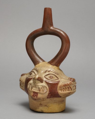 Recipiente de estribo na forma de felino com várias cabeças, 250-500 d.C. (cerâmica e pigmento) de Peruvian School