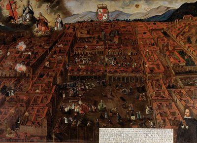 Vista de Cuzco no momento do terremoto de 1650 de Peruvian School