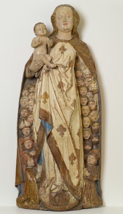 Madonna e Suplicantes que abrigam crianças sob seu manto, c.1471 (tília, policromada, folha de ouro e prata) de Peter (attr.to) Koellin
