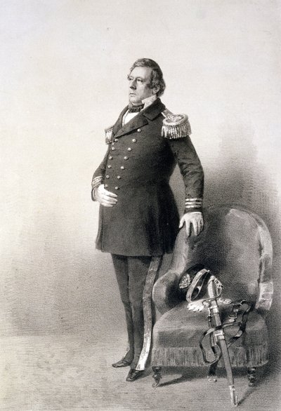 Comodoro Matthew Calbraith Perry (1794-1858) de "Cenas Gráficas na Expedição do Japão", gravado por P. Haas, publicado em 1856 (fotogravura) de Peter Bernhard Wilhelm Heine