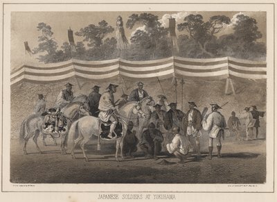 Soldados japoneses em Yokuhama, litho por Sarony und Co., 1855 (cromolitho) de Peter Bernhard Wilhelm Heine