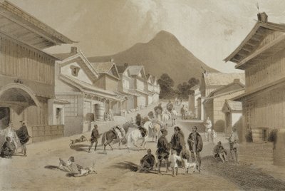Rua em Hakodadi, de &39;Narrativa da Expedição de um Esquadrão Americano aos Mares da China e ao Japão&39;, pub. por Sarony und Co., 1856 (litografia tingida) de Peter Bernhard Wilhelm Heine