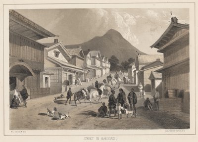 Rua em Hakodadi, litho por Sarony and Co., 1855 (chromolitho) de Peter Bernhard Wilhelm Heine