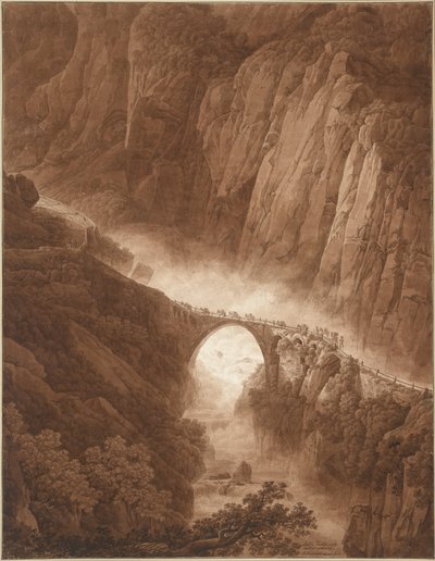 A ponte do diabo no desfiladeiro de Schöllenen no caminho através do St. Gotthard Pass com um trem de mula de Peter Birmann