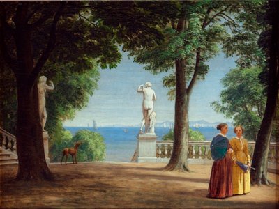 Vista para Kullen a partir de um terraço ajardinado com estátuas (óleo sobre tela) de Peter Christian Skovgaard