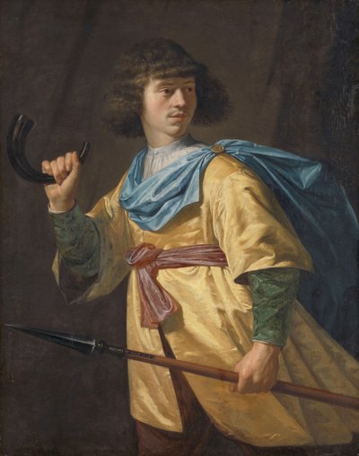 Retrato de um Jovem com um Javelin e uma Trompa de Caça de Peter Danckerts de Rij