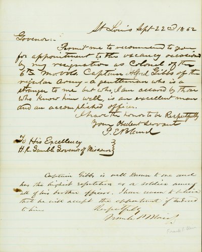 Carta assinada por P.E. Bland, St. Louis, a H.R. Gamble, Governador do Missouri, 22 de Setembro de 1862 de Peter E. Bland
