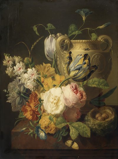 Flores por um vaso de pedra, 1786. de Peter Faes