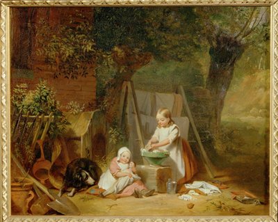 Die Puppenwaesche im Garten - A roupa da boneca no jardim ... (óleo sobre madeira) de Peter Fendi