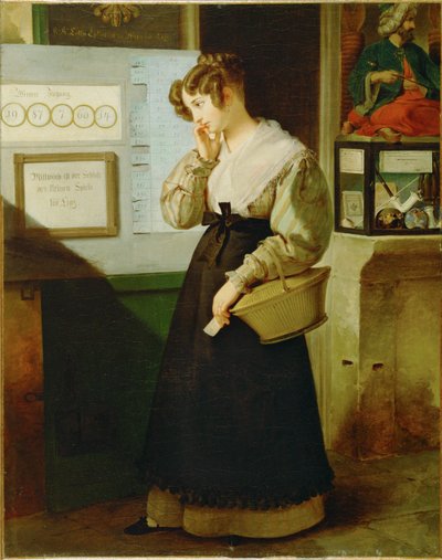 Maedchen vor einem Lotteriegewoelbe - Rapariga em frente a uma loja de lotaria ... (pintura sobre tela) de Peter Fendi
