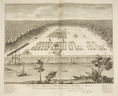 A View of Savannah, tal como estava em 29 de março de 1734, gravada por P. Fourdrinier, Londres, c.1735 (gravura) de Peter Gordon